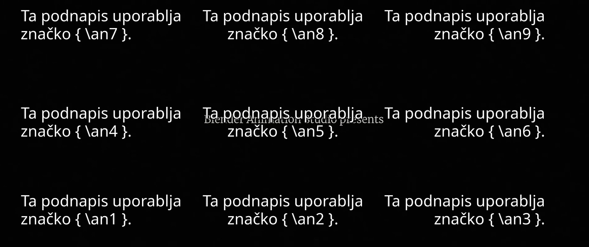 Slika podnapisov s SSA značkami v različnih delih zaslona.